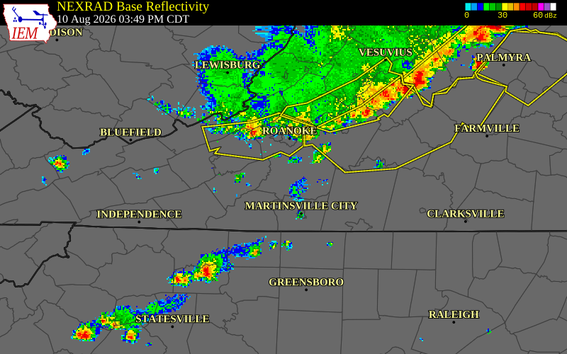 NEXRAD radar during the Monday, August 10, 2026 storm activity in Montgomery County, Virginia