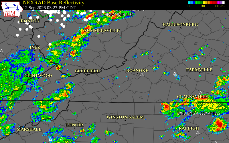 Current NEXRAD radar over Montgomery County, Virginia with recent storm report locations