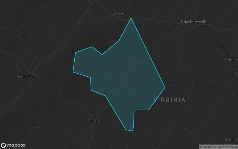 Map of Nelson County, Virginia showing the county boundary and surrounding cities
