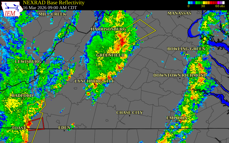NEXRAD radar during the Monday, March 16, 2026 storm activity in Nelson County, Virginia