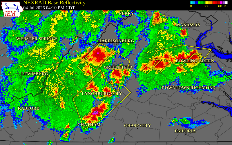 NEXRAD radar during the Saturday, July 4, 2026 storm activity in Nelson County, Virginia
