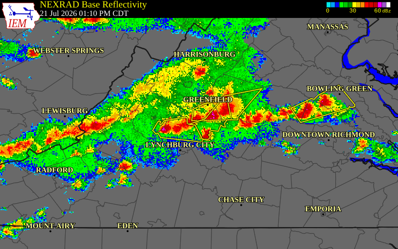 NEXRAD radar during the Tuesday, July 21, 2026 storm activity in Nelson County, Virginia