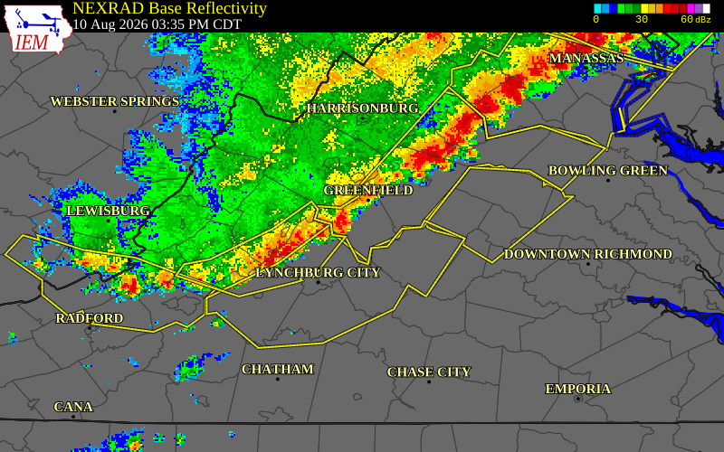 NEXRAD radar during the Monday, August 10, 2026 storm activity in Nelson County, Virginia