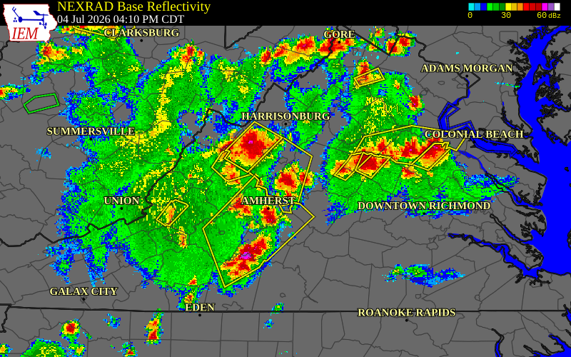 Radar snapshot during the Jul 4, 2026 hail event near 1 ENE Wintergreen, Nelson County, Virginia, with NWS warning polygons
