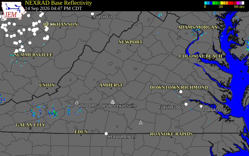 Current NEXRAD radar over Nelson County, Virginia with recent storm report locations