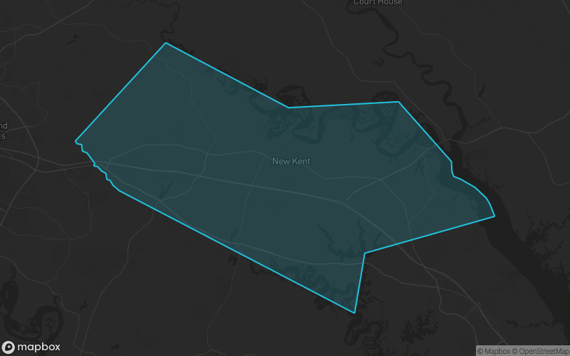 Map of New Kent County, Virginia showing the county boundary and surrounding cities