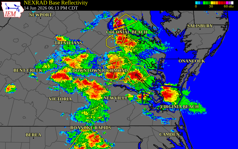 NEXRAD radar during the Sunday, June 14, 2026 storm activity in New Kent County, Virginia