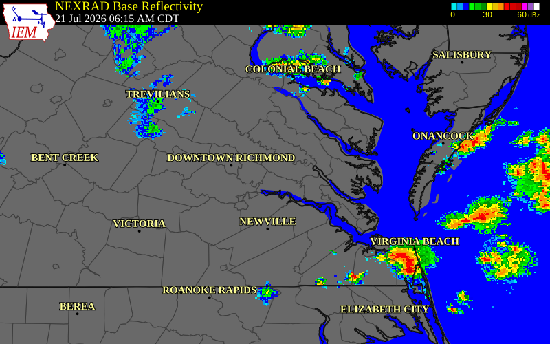 NEXRAD radar during the Tuesday, July 21, 2026 storm activity in New Kent County, Virginia