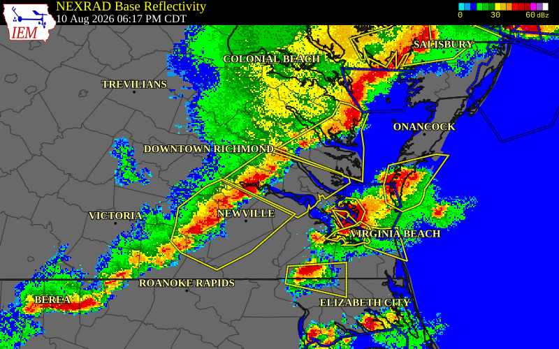 NEXRAD radar during the Monday, August 10, 2026 storm activity in New Kent County, Virginia