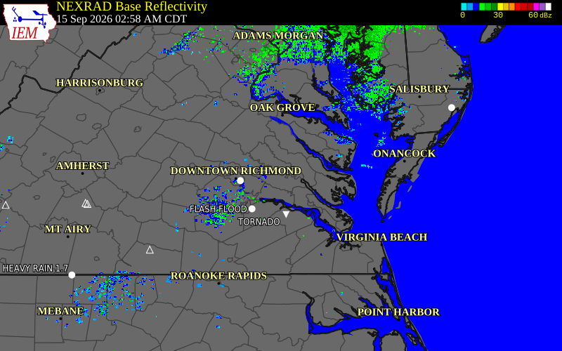 Current NEXRAD radar over New Kent County, Virginia with recent storm report locations