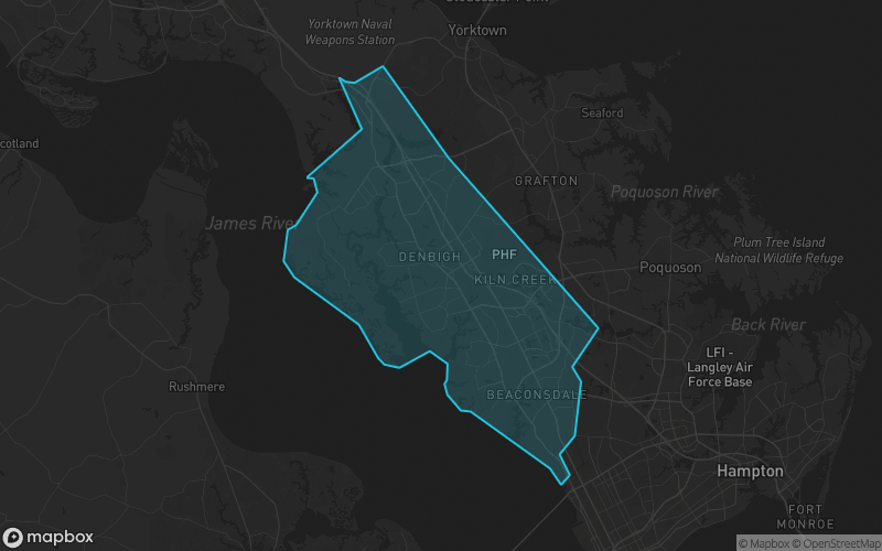 Map of Newport News County, Virginia showing the county boundary and surrounding cities