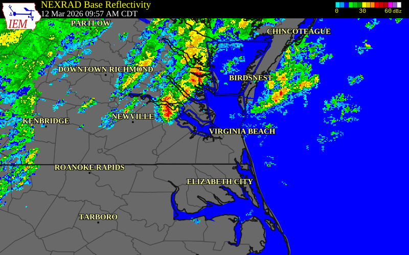 NEXRAD radar during the Thursday, March 12, 2026 storm activity in Newport News County, Virginia