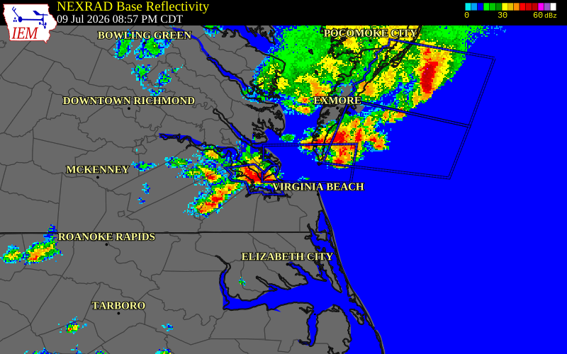 NEXRAD radar during the Thursday, July 9, 2026 storm activity in Newport News County, Virginia