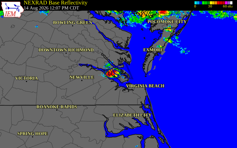 NEXRAD radar during the Friday, August 14, 2026 storm activity in Newport News County, Virginia