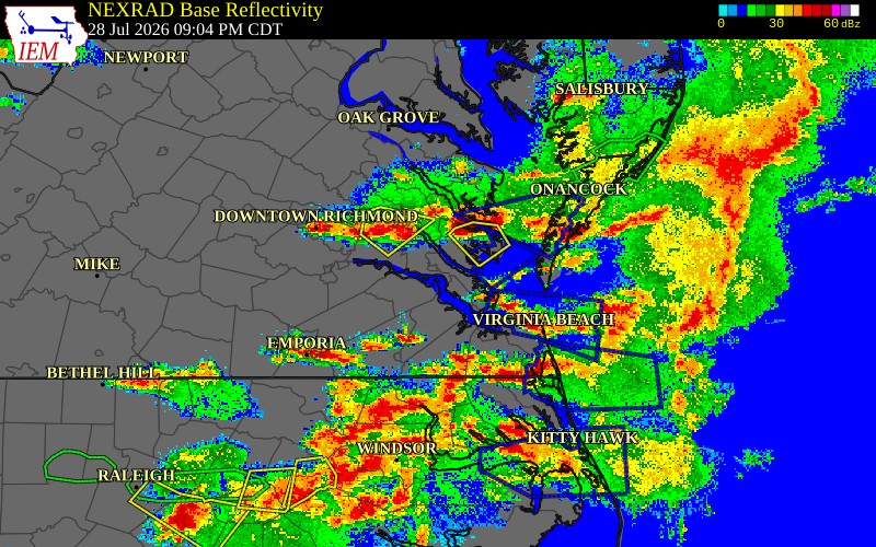 Radar snapshot during the Jul 28, 2026 wind event near Newport News County, Newport News County, Virginia, with NWS warning polygons
