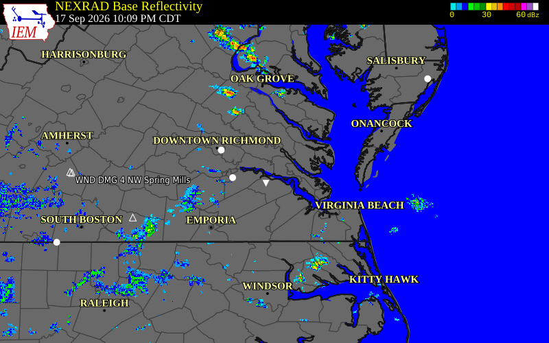Current NEXRAD radar over Newport News County, Virginia with recent storm report locations