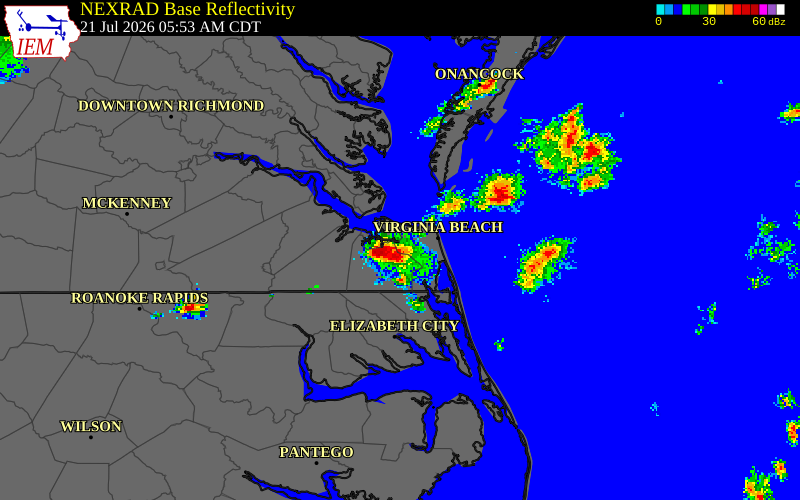 NEXRAD radar during the Tuesday, July 21, 2026 storm activity in Norfolk County, Virginia
