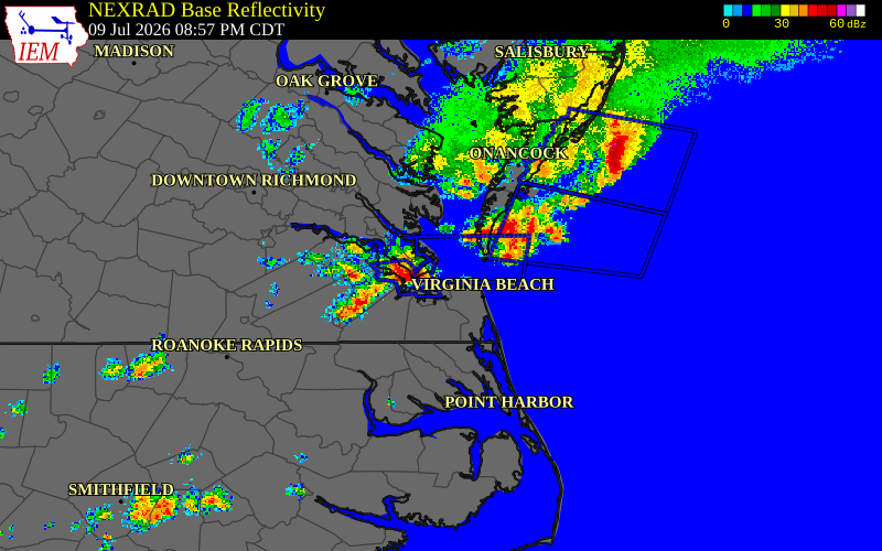 Radar snapshot during the Jul 9, 2026 wind event near Norfolk County, Norfolk County, Virginia, with NWS warning polygons