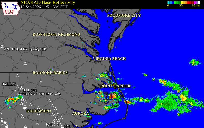 Current NEXRAD radar over Norfolk County, Virginia with recent storm report locations
