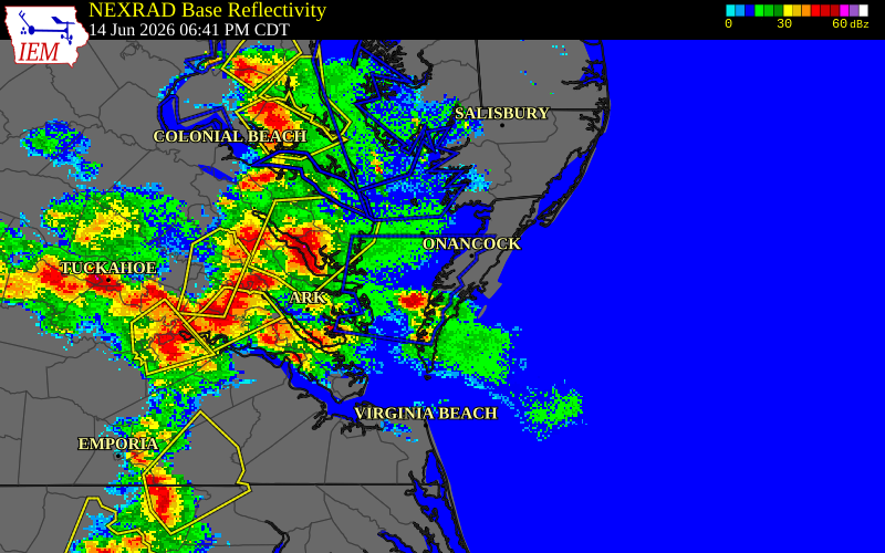 NEXRAD radar during the Sunday, June 14, 2026 storm activity in Northampton County, Virginia