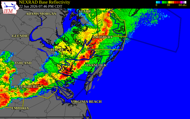 NEXRAD radar during the Monday, June 22, 2026 storm activity in Northampton County, Virginia