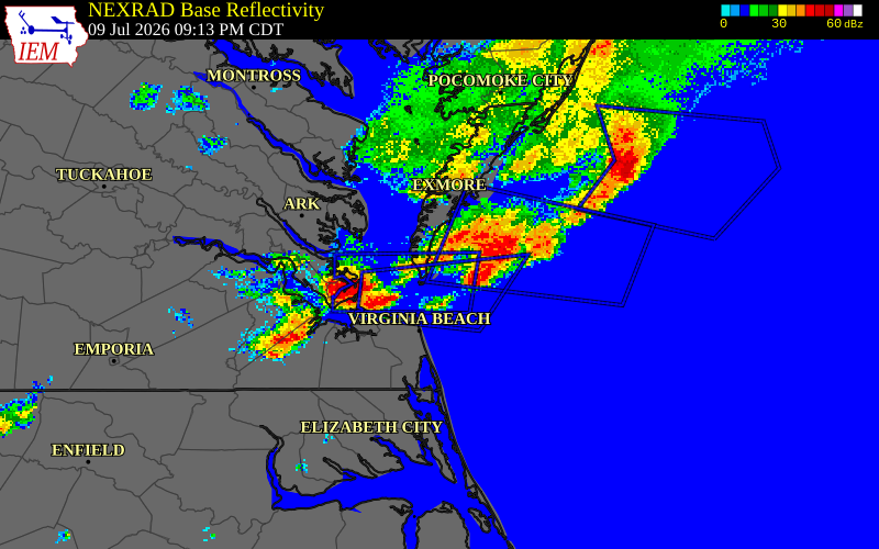 NEXRAD radar during the Thursday, July 9, 2026 storm activity in Northampton County, Virginia
