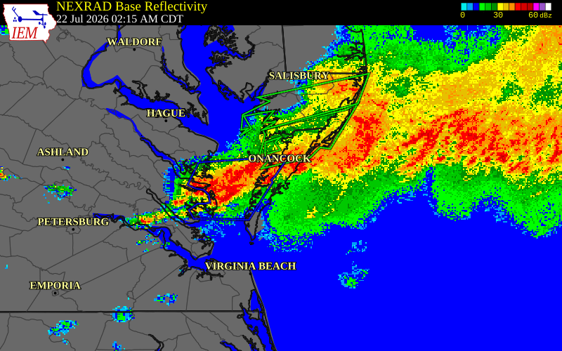 NEXRAD radar during the Wednesday, July 22, 2026 storm activity in Northampton County, Virginia
