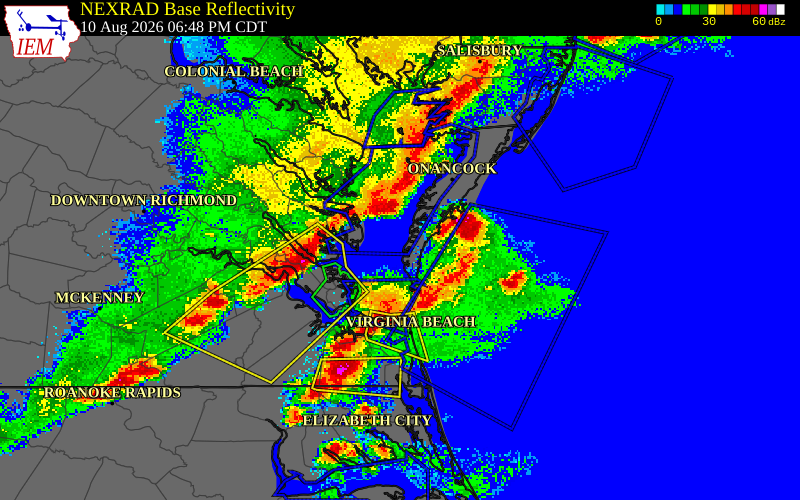 NEXRAD radar during the Monday, August 10, 2026 storm activity in Northampton County, Virginia