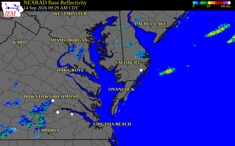 Current NEXRAD radar over Northampton County, Virginia with recent storm report locations