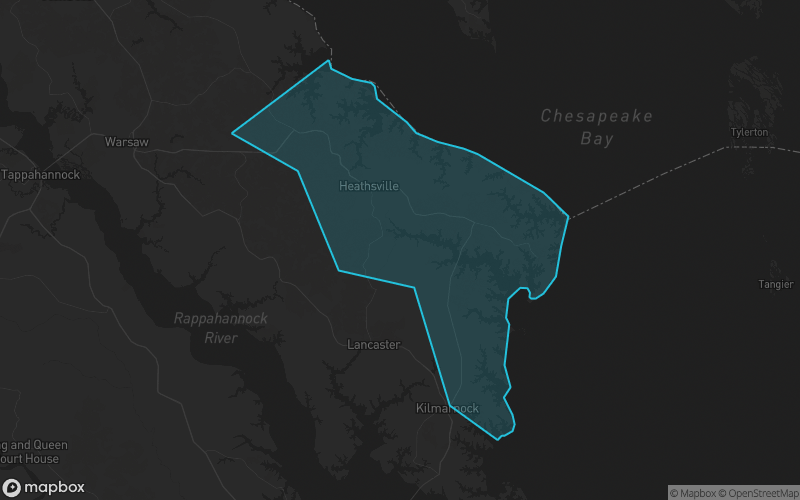 Map of Northumberland County, Virginia showing the county boundary and surrounding cities