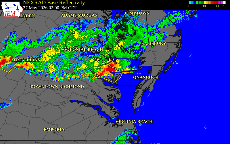 NEXRAD radar during the Wednesday, May 27, 2026 storm activity in Northumberland County, Virginia