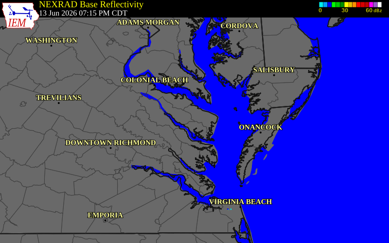 NEXRAD radar during the Saturday, June 13, 2026 storm activity in Northumberland County, Virginia