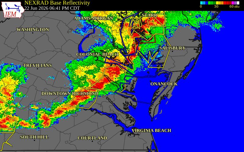 NEXRAD radar during the Monday, June 22, 2026 storm activity in Northumberland County, Virginia