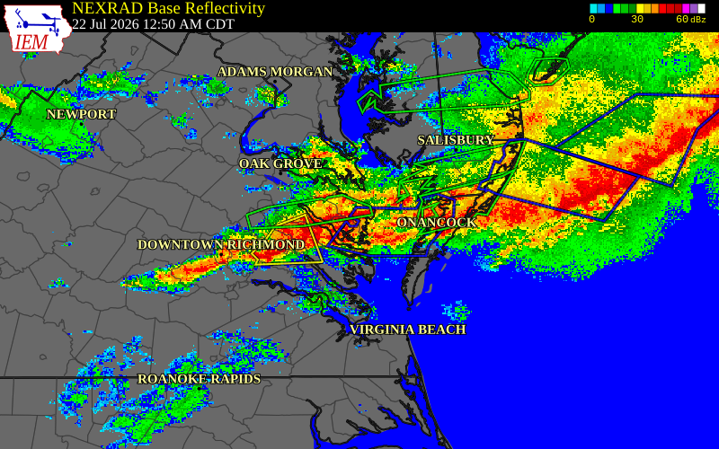 Radar snapshot during the Jul 22, 2026 wind event near Northumberland County, Northumberland County, Virginia, with NWS warning polygons