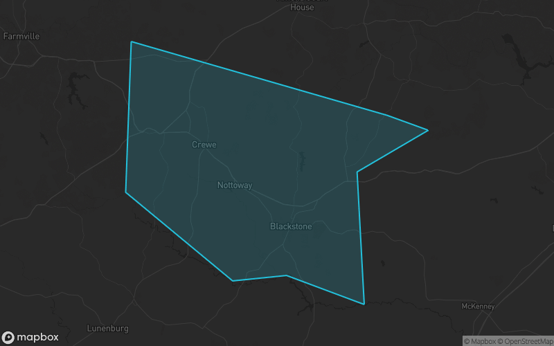 Map of Nottoway County, Virginia showing the county boundary and surrounding cities