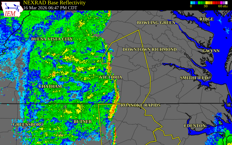 NEXRAD radar during the Monday, March 16, 2026 storm activity in Nottoway County, Virginia