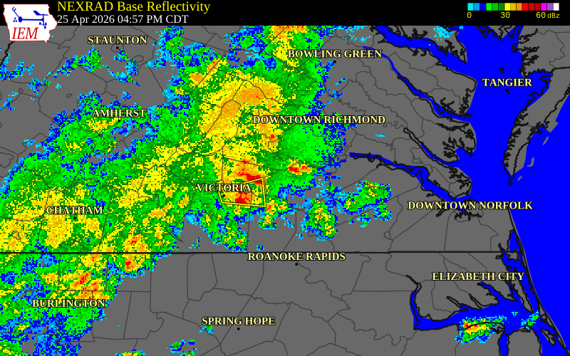 NEXRAD radar during the Saturday, April 25, 2026 storm activity in Nottoway County, Virginia