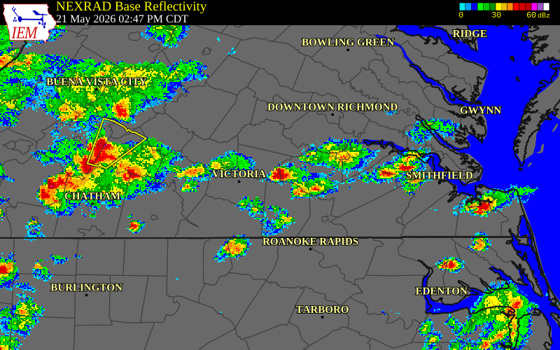 NEXRAD radar during the Thursday, May 21, 2026 storm activity in Nottoway County, Virginia