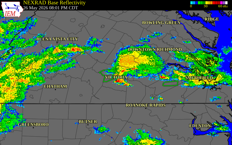 NEXRAD radar during the Tuesday, May 26, 2026 storm activity in Nottoway County, Virginia