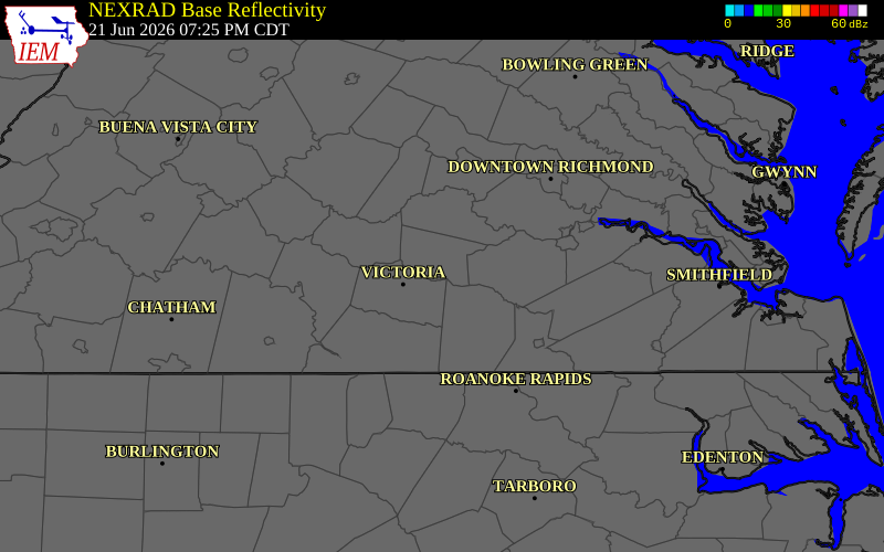 NEXRAD radar during the Sunday, June 21, 2026 storm activity in Nottoway County, Virginia
