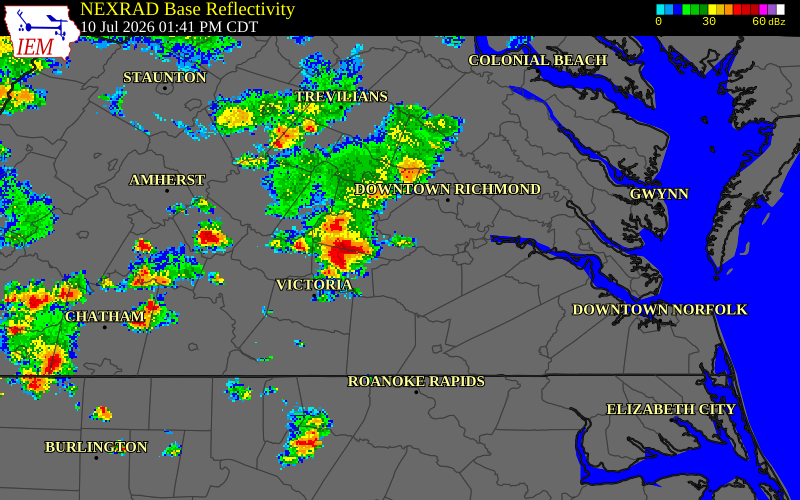 NEXRAD radar during the Friday, July 10, 2026 storm activity in Nottoway County, Virginia