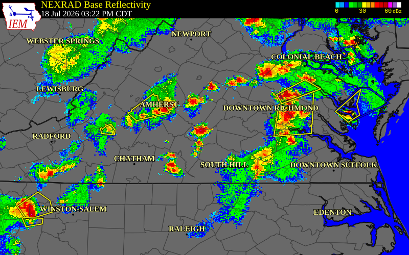 Radar snapshot during the Jul 18, 2026 wind event near Nottoway County, Nottoway County, Virginia, with NWS warning polygons