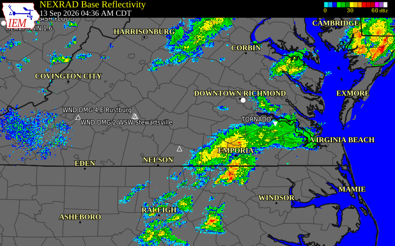 Current NEXRAD radar over Nottoway County, Virginia with recent storm report locations