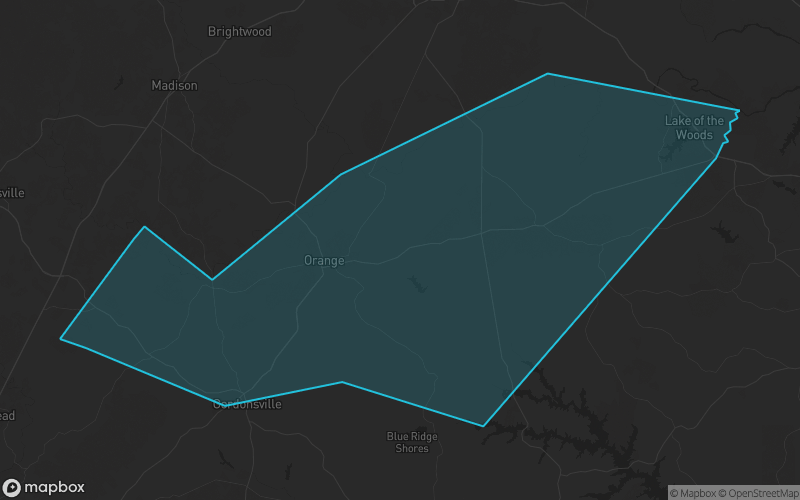 Map of Orange County, Virginia showing the county boundary and surrounding cities