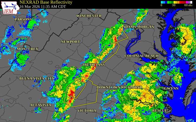 NEXRAD radar during the Monday, March 16, 2026 storm activity in Orange County, Virginia