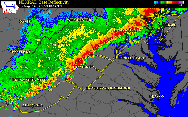 NEXRAD radar during the Monday, August 10, 2026 storm activity in Orange County, Virginia