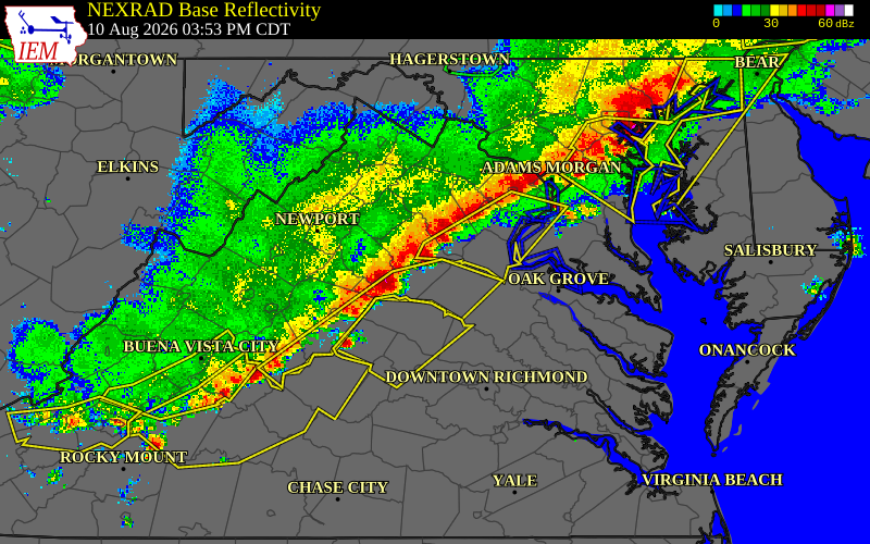 Radar snapshot during the Aug 10, 2026 wind event near 3 NNW Gold Dale, Orange County, Virginia, with NWS warning polygons
