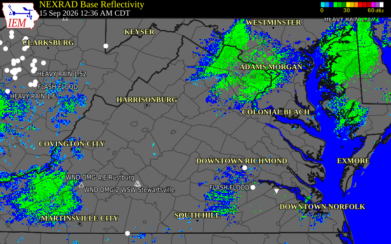 Current NEXRAD radar over Orange County, Virginia with recent storm report locations