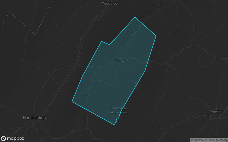 Map of Page County, Virginia showing the county boundary and surrounding cities