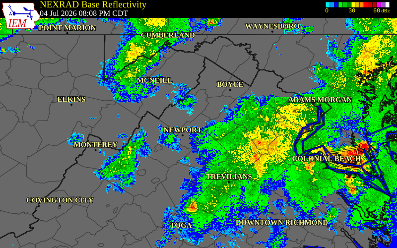 NEXRAD radar during the Saturday, July 4, 2026 storm activity in Page County, Virginia